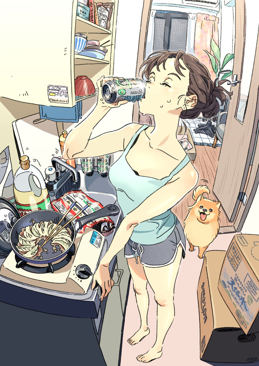 1girl barefoot blue_tank_top bottle bowl breasts can cardboard chopsticks closed_eyes collarbone curtains dog dolphin_shorts drinking dumpling fisheye food frying_pan grey_shorts hair_behind_ear highres holding holding_can indoors kariya_(kry_aia) open_door original plant shorts small_breasts solo stove sweat table tail tail_wagging tank_top