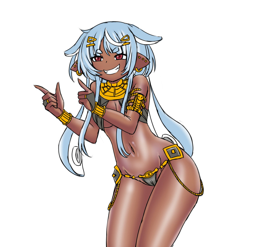 5_fingers accessory animal_humanoid armlet big_butt bikini blue_hair butt camel_toe cephalopod cephalopod_humanoid clothed clothing cute_expression dark_body dark_skin deculture ear_piercing ear_ring egyptian egyptian_clothing female fingers flat_belly genital_outline gesture gold_(metal) gold_jewelry grey_bikini grey_clothing grey_swimwear grin hair hair_accessory hairclip hi_res human humanoid humanoid_pointy_ears jewelry mammal marine marine_humanoid mollusk mollusk_humanoid naughty_smile navel necklace non_nude not_furry piercing pointing pointing_at_another pseudo_hair puni_bon pussy_outline red_eyes ring ring_piercing sassy skimpy smile solo squid_humanoid swimwear tentacle_hair tentacles thick_thighs vtuber vtuberfanart