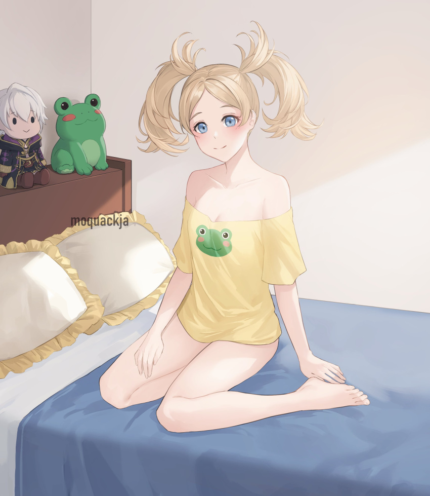 1girl absurdres animal_print artist_name bare_shoulders barefoot bed blonde_hair blue_eyes character_doll closed_mouth collarbone commission fire_emblem fire_emblem_awakening frog_print highres indoors lissa_(fire_emblem) long_hair looking_at_viewer moja_(rainpoow) off-shoulder_shirt off_shoulder parted_bangs pillow robin_(fire_emblem) robin_(male)_(fire_emblem) shirt sitting solo stuffed_animal stuffed_toy twintails yellow_shirt yokozuwari