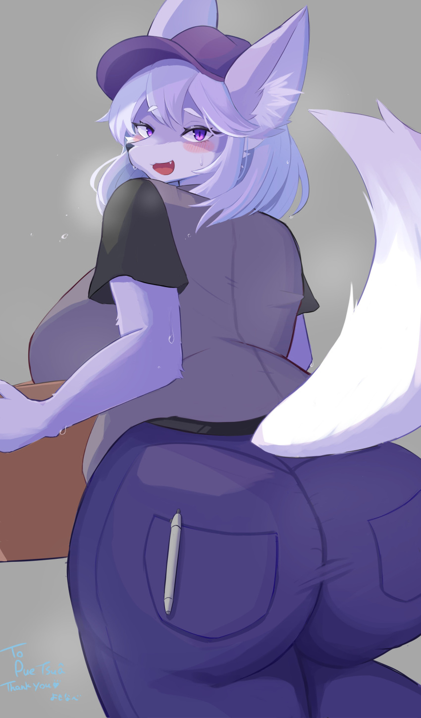 absurd_res anthro big_breasts big_butt black_clothing black_shirt black_topwear blue_bottomwear blue_clothing blue_pants blush bodily_fluids bottomwear box breasts butt butt_focus canid canine clothing container cute_fangs female fox fur grey_background hair hat headgear headwear hi_res holding_box holding_container holding_object huge_breasts huge_butt looking_at_viewer mammal nojaaaaaaaarori open_mouth pants pen purple_body purple_eyes purple_fur purple_hair raised_tail shirt simple_background smile solo standing steam sweat tail thick_thighs topwear wide_hips