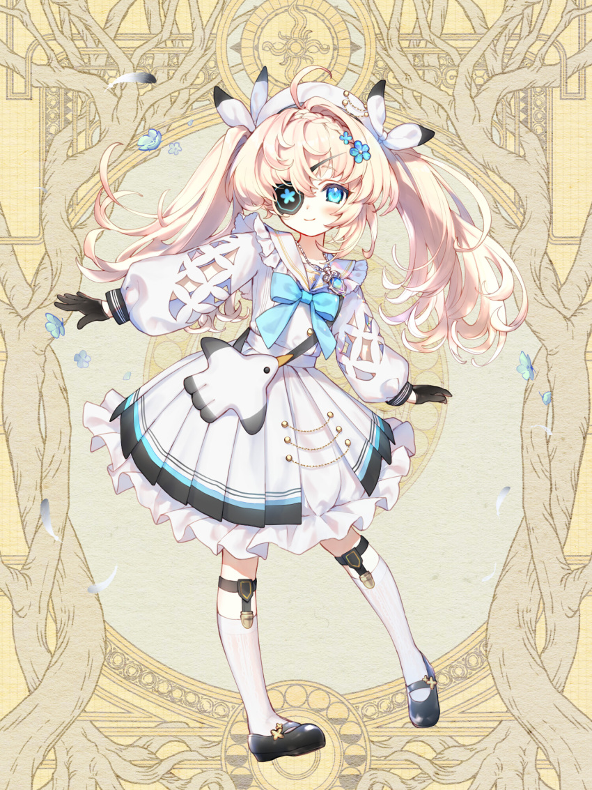 1girl ahoge bag black_footwear black_gloves blonde_hair blue_bow blue_eyes bow braid dairoku_ryouhei eyepatch feathers flower full_body gloves hair_flower hair_ornament handbag highres jewelry long_hair long_sleeves looking_at_viewer lucy_bluebell mary_janes matataki_(shunki) necklace shoes skirt smile socks solo twintails white_headwear white_skirt white_socks yellow_background