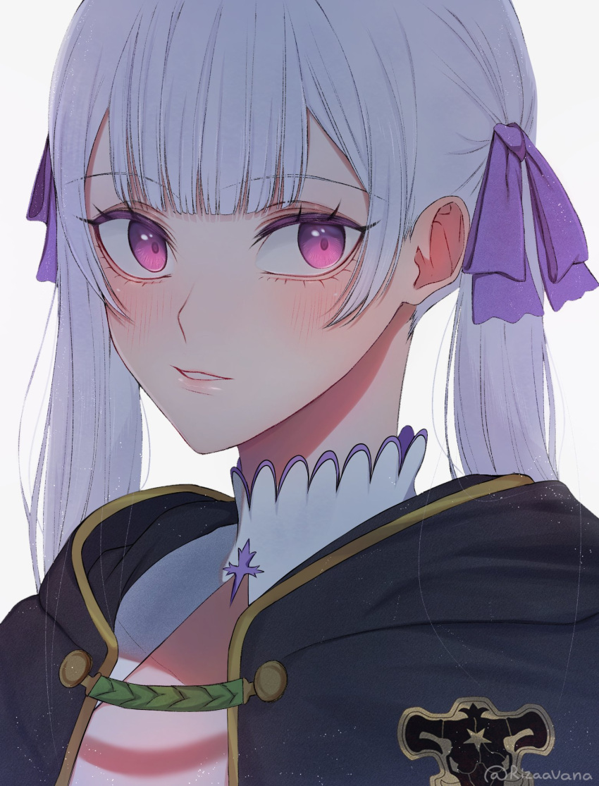 1girl black_bulls_(emblem) black_capelet black_clover blush capelet grey_hair hair_ribbon highres jacket long_hair looking_at_viewer low_twintails noelle_silva parted_lips pink_eyes portrait purple_ribbon ribbon rizaavana solo twintails white_jacket