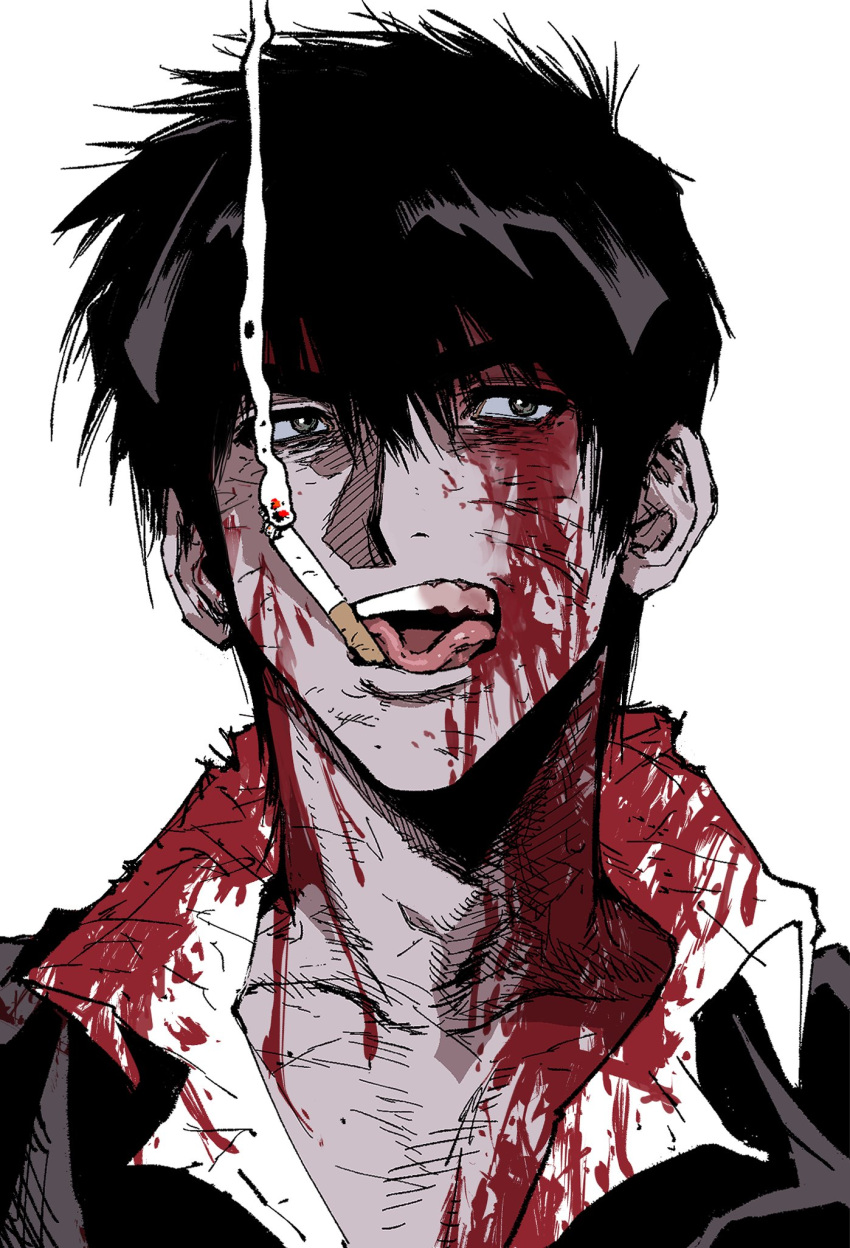 1boy black_eyes black_hair black_jacket blood blood_on_clothes blood_on_face cigarette collarbone collared_shirt highres jacket male_focus mouth_hold my_nameisyoon nicholas_d._wolfwood open_mouth portrait shirt short_hair simple_background smile smoking solo teeth tongue tongue_out trigun v-shaped_eyebrows white_background white_shirt