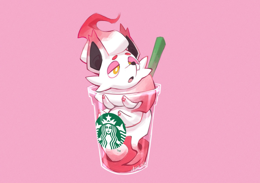 ambiguous_gender artist_name black_inner_ear container cup darmp disposable_cup feral hi_res hisuian_form hisuian_zorua looking_aside narrowed_eyes nintendo open_mouth pink_background pokemon pokemon_(species) regional_form_(pokemon) simple_background solo starbucks straw tongue white_body yellow_eyes