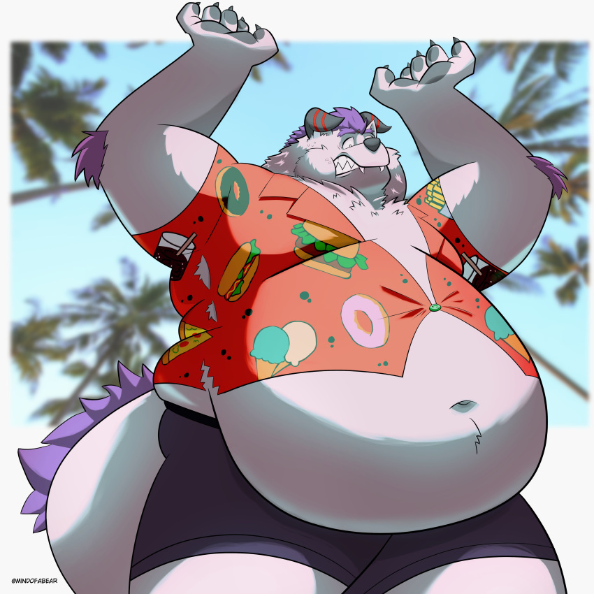 absurd_res aloha_shirt anthro behemoth_(housamo) belly big_belly bottomwear clothing hair hi_res horn lifewonders male mindofabear monster navel overweight pattern_clothing pattern_shirt pattern_topwear purple_hair shirt shorts solo surprise tokyo_afterschool_summoners topwear