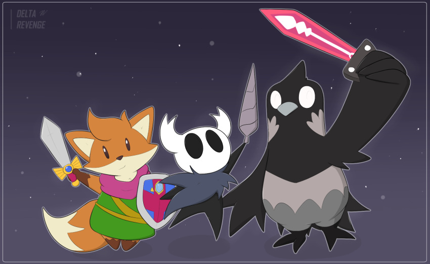 death's_door delta-eon female feral group hi_res hollow_knight looking_at_viewer male melee_weapon pose protagonist_(hollow_knight) reaper_(death's_door) ruin_seeker shield simple_background sword team_cherry trio tunic_(video_game) weapon