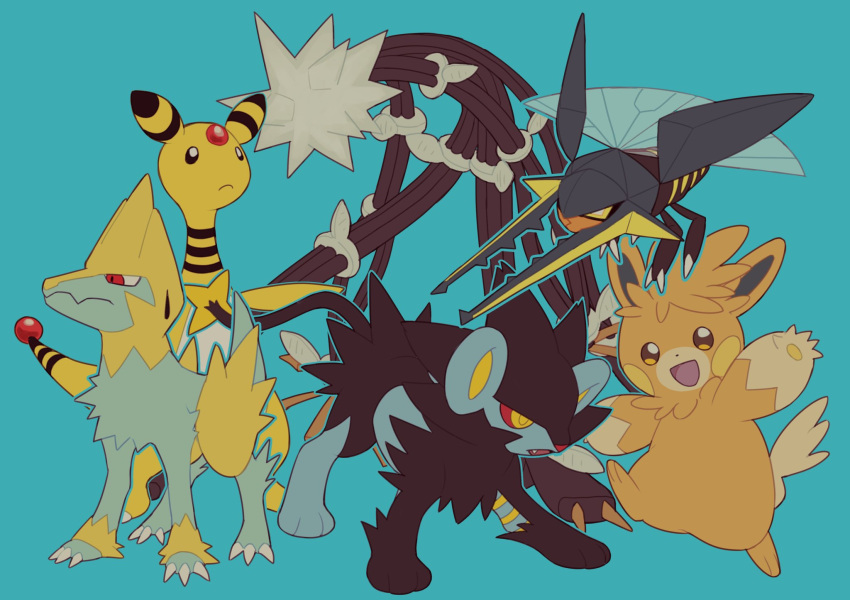 ampharos blue_background claws closed_mouth colored_sclera fang full_body highres insect_wings luxray manectric no_humans open_mouth pawmot pokemon pokemon_(creature) red_eyes red_sclera simple_background v_(govvvvw) vikavolt wings xurkitree yellow_eyes