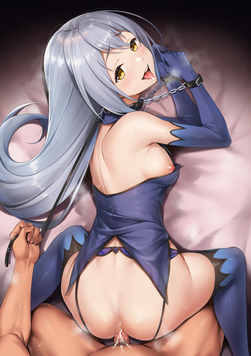 1boy 1girl ass blue_dress blue_thighhighs blush breasts clothed_female_nude_male clothed_sex clothes_pull collar commentary commission cuffs cum cum_in_pussy detached_collar dress dress_pull dungeons_&amp;_princess elbow_gloves from_behind garter_straps gloves grey_hair handcuffs henria hetero highres long_hair medium_breasts nipples nude open_mouth penis sex sex_from_behind skeb_commission solo_focus steaming_body strapless strapless_dress sweat thighhighs tongue tongue_out yellow_eyes