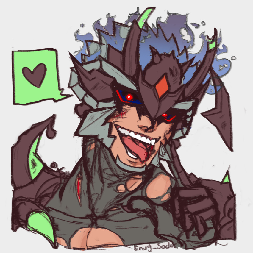 1boy bara black_sclera character_request colored_sclera cropped_shoulders envysoda glowing glowing_eyes heart highres male_focus pectoral_cleavage pectorals red_eyes sanpaku seductive_smile short_hair slime_(substance) smile solo spoken_heart tokyo_afterschool_summoners tongue tongue_out