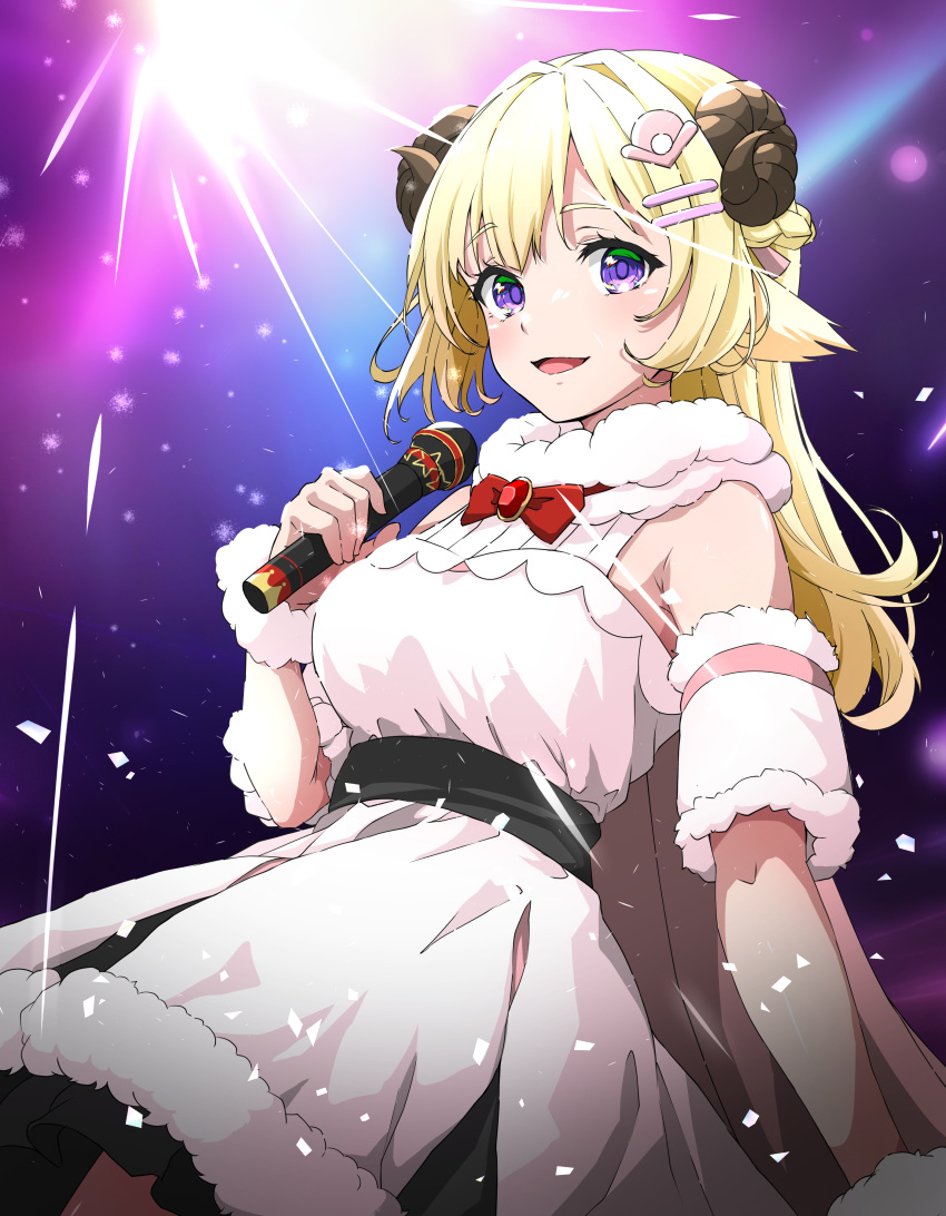 1girl absurdres animal_ears arms_at_sides bare_shoulders black_skirt blonde_hair bracer braid breasts detached_sleeves dress empire_waist fur-trimmed_dress fur-trimmed_sleeves fur_trim hair_ornament hairclip half_updo highres holding holding_microphone hololive horns isakoro_(hx9cj) large_breasts long_hair looking_at_viewer microphone miniskirt music open_mouth purple_eyes sheep_ears sheep_girl sheep_horns short_dress singing skirt skirt_under_dress sleeveless sleeveless_dress solo tsunomaki_watame tsunomaki_watame_(1st_costume) underbust virtual_youtuber white_dress