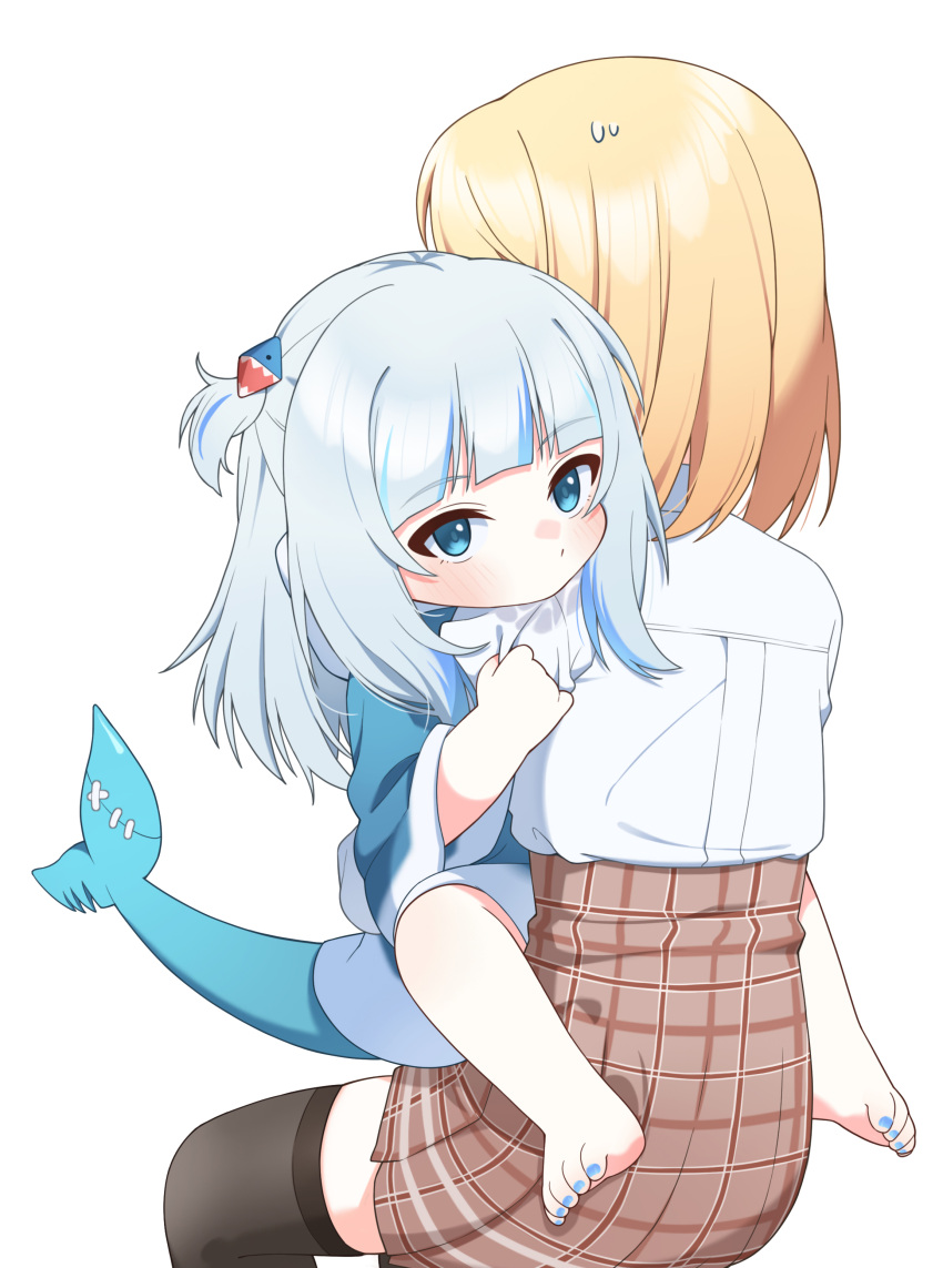 2girls absurdres aged_down animal_costume barefoot black_thighhighs blonde_hair blue_hoodie carrying carrying_person child dot_mouth fins fish_tail from_behind gawr_gura hair_ornament highres hololive hololive_english hood hoodie hug multicolored_hair multiple_girls nail_polish shark_costume shark_girl shark_hair_ornament shark_tail straddling streaked_hair sweatdrop tail thighhighs toenail_polish toenails ugaaaa5 virtual_youtuber watson_amelia watson_amelia_(1st_costume) white_background white_hair