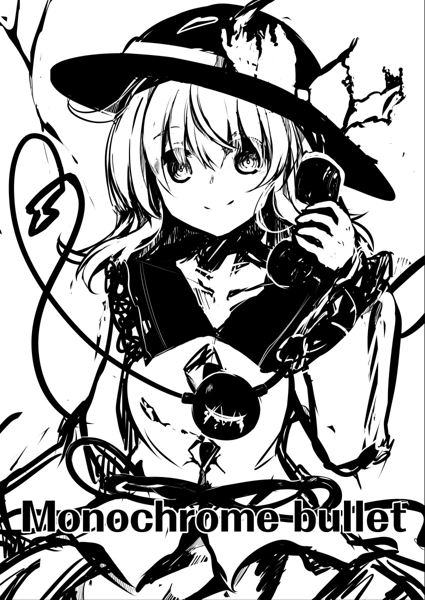 1girl absurdres blouse bow buttons closed_mouth commentary_request corded_phone cover cover_page diamond_button eyes_visible_through_hair frilled_shirt_collar frills greyscale hair_between_eyes hand_up hat hat_bow high_contrast highres holding holding_phone komeiji_koishi long_hair long_sleeves looking_at_viewer monochrome phone rpameri shirt smile solo split_mouth third_eye touhou upper_body