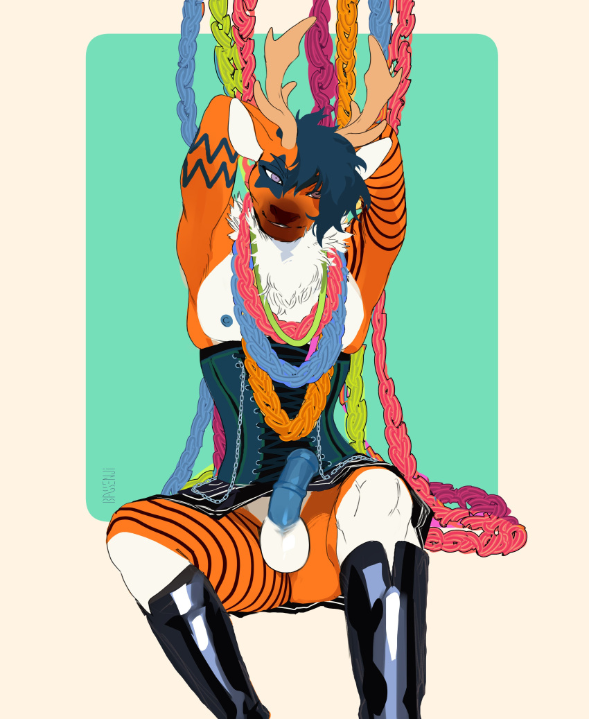 2023 absurd_res animal_genitalia animal_penis anthro antlers arm_markings artist_name balls bassenji black_clothing black_nose black_stripes blue_background blue_hair blue_markings blue_nipples blue_penis boots bottomless bulge chain clothed clothing countershading crossdressing deer digital_media_(artwork) equine_genitalia equine_penis eye_markings footwear front_view fur genitals glistening glistening_genitalia glistening_penis hair hands_behind_head hi_res horn latex_boots looking_at_viewer male mammal markings nipples orange_body orange_ears orange_fur penis portrait purple_eyes rubber rubber_boots simple_background sitting smile solo striped_body striped_fur stripes tan_antlers three-quarter_portrait underwear white_background white_balls white_body white_countershading white_fur white_inner_ear