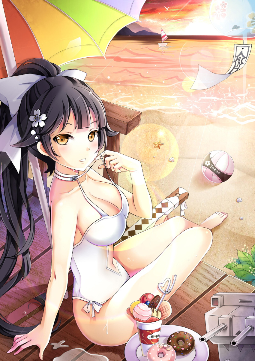 1girl absurdres arm_support azur_lane ball barefoot beach beach_umbrella beachball black_hair boat bow breasts casual_one-piece_swimsuit character_name cleavage collarbone commentary_request crazy_straw doughnut drinking_straw flower food gyaza haagen-dazs hair_bow hair_flower hair_ornament heart_straw high_ponytail highres large_breasts long_hair looking_at_viewer ocean official_alternate_costume one-piece_swimsuit orange_eyes outdoors photoshop_(medium) seashell shell shiny_skin sitting smile solo starfish swimsuit takao_(azur_lane) takao_(beach_rhapsody)_(azur_lane) umbrella very_long_hair watercraft white_bow white_flower white_one-piece_swimsuit wind_chime