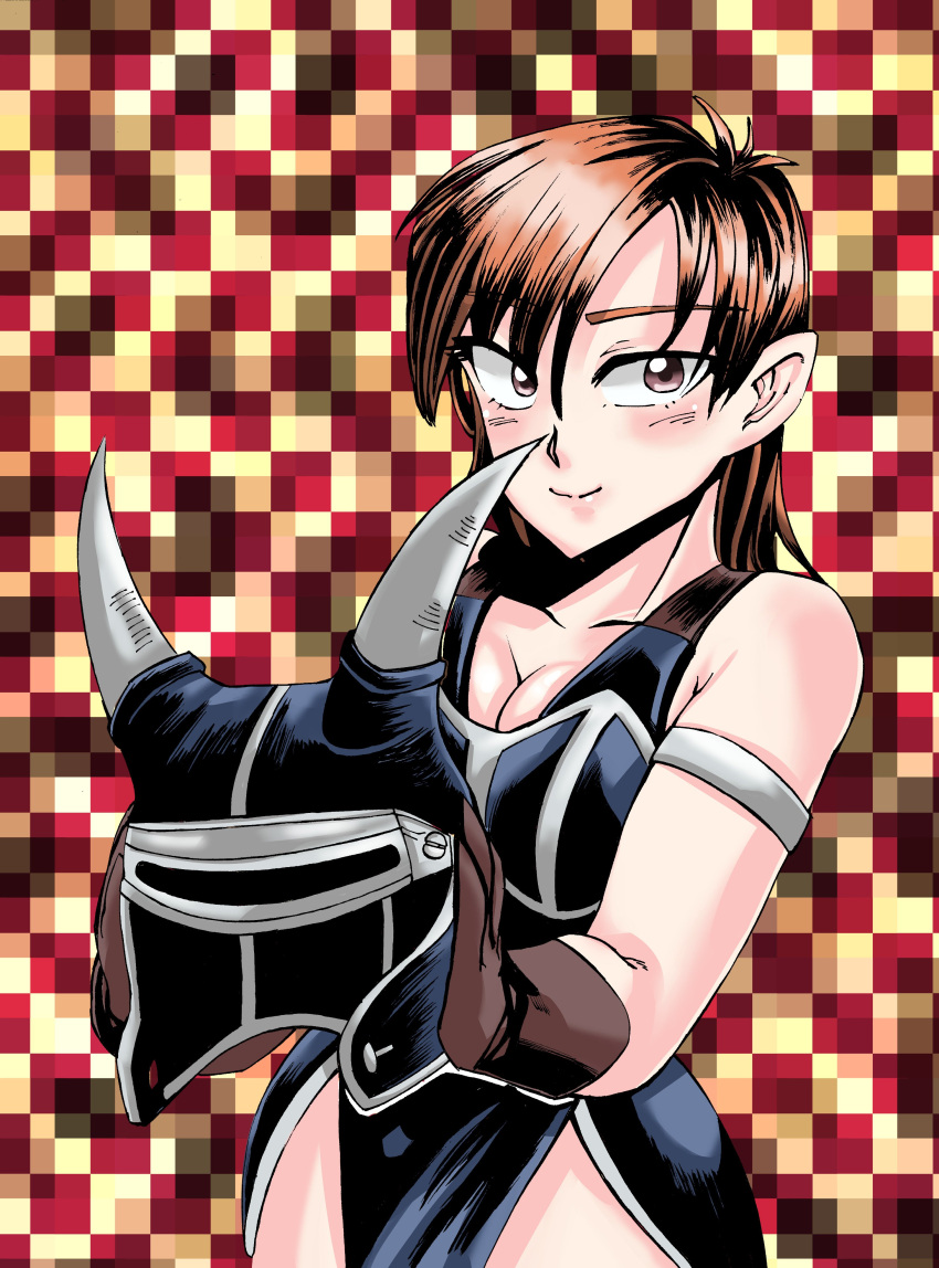 1girl absurdres armlet armor blue_armor breasts brown_eyes brown_gloves brown_hair checkered_background cleavage closed_mouth daisy_(dq) dragon_quest dragon_quest_yuusha_abel_densetsu fake_horns gloves helmet highres horned_helmet horns long_hair looking_at_viewer smile solo yamany