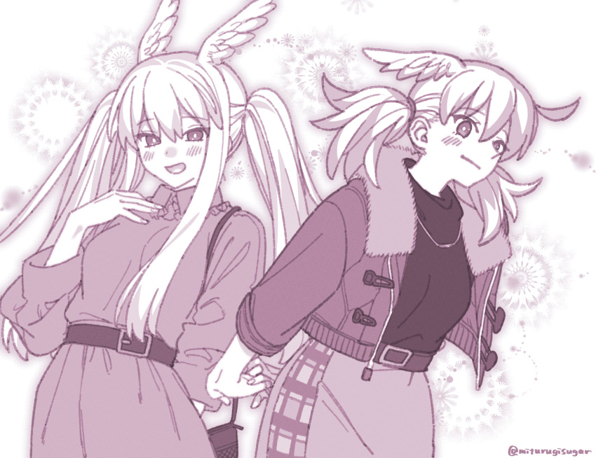 2girls absurdres alternate_hairstyle belt blush breasts dress fate/grand_order fate_(series) fur-trimmed_jacket fur_trim greyscale head_wings highres hildr_(fate) holding_hands jacket jewelry large_breasts long_hair long_sleeves looking_at_viewer mitsurugi_sugar monochrome multiple_girls necklace open_clothes open_jacket sidelocks skirt smile sweater thrud_(fate) twintails valkyrie_(fate) wings