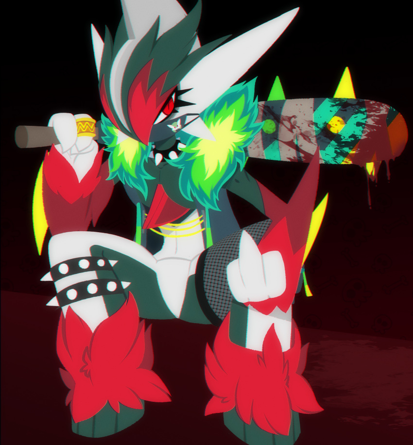 3_fingers absurd_res airalin arm_blades blood blood_on_weapon bodily_fluids chest_horn chibi clothing club_(weapon) collar crouching face_mask fingers fishnet fur fur_clothing gaiki gallade gardevoir generation_3_pokemon generation_4_pokemon generation_8_pokemon gesture green_body green_fur green_hair hair hi_res highlights_(coloring) holding_object holding_weapon humanoid jacket leglet looking_at_viewer male melee_weapon middle_finger nintendo obstagoon odon_(sirgallade) one_eye_obstructed pokemon pokemon_(species) punk red_body red_eyes red_fur red_highlights ring_(jewelry) solo spiked_club spiked_collar spiked_legwear spikes spikes_(anatomy) topwear weapon weapon_on_shoulder white_body