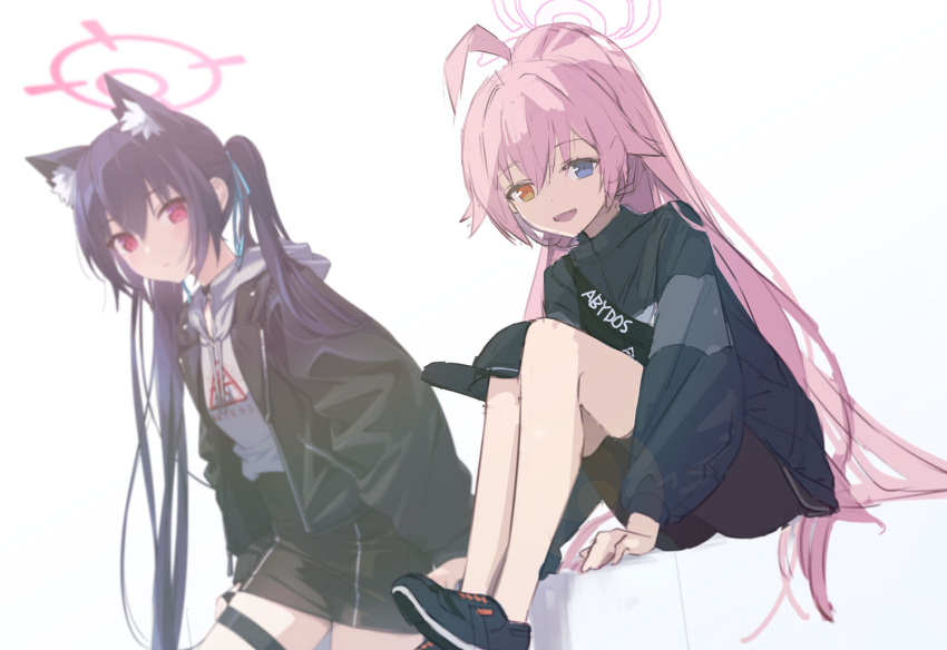 2girls ahoge animal_ears azumi_akitake black_hair black_jacket blue_archive blue_eyes cat_ears clothes_writing grey_hoodie hair_between_eyes halo heterochromia hood hoodie hoshino_(blue_archive) jacket long_hair long_sleeves multiple_girls open_clothes open_jacket pink_hair pink_halo red_eyes serika_(blue_archive) twintails yellow_eyes