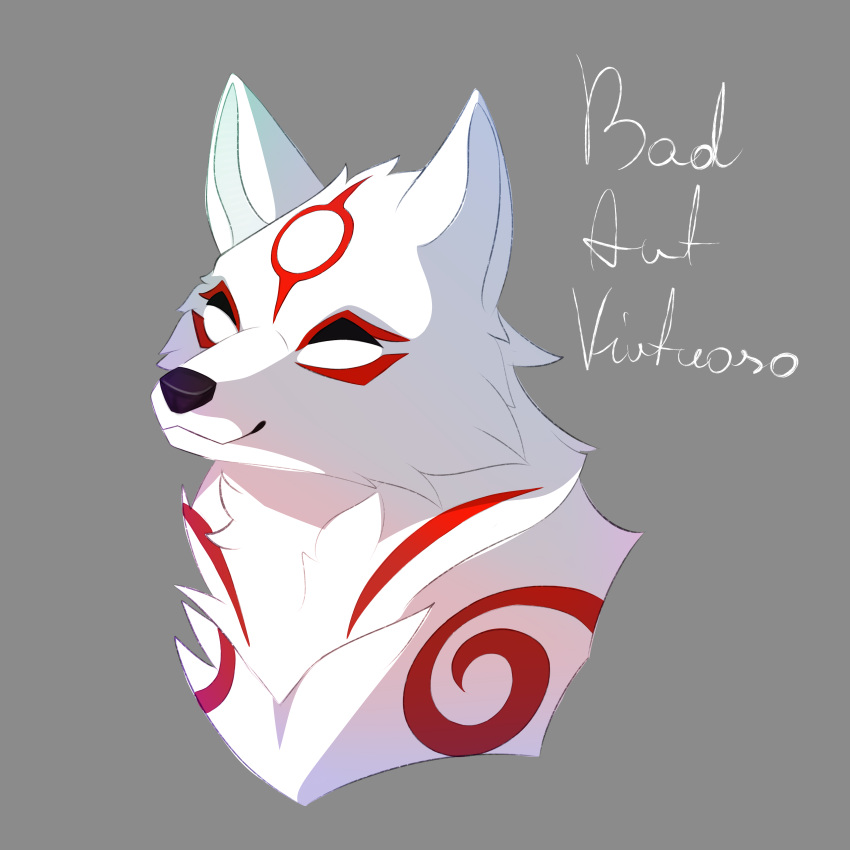 1:1 absurd_res amaterasu_(okami) badartvirtuoso canid canine canis capcom cel_shading female feral fur hi_res mammal markings okami_(capcom) red_body red_fur red_markings shaded simple_background smile solo white_body white_fur wolf