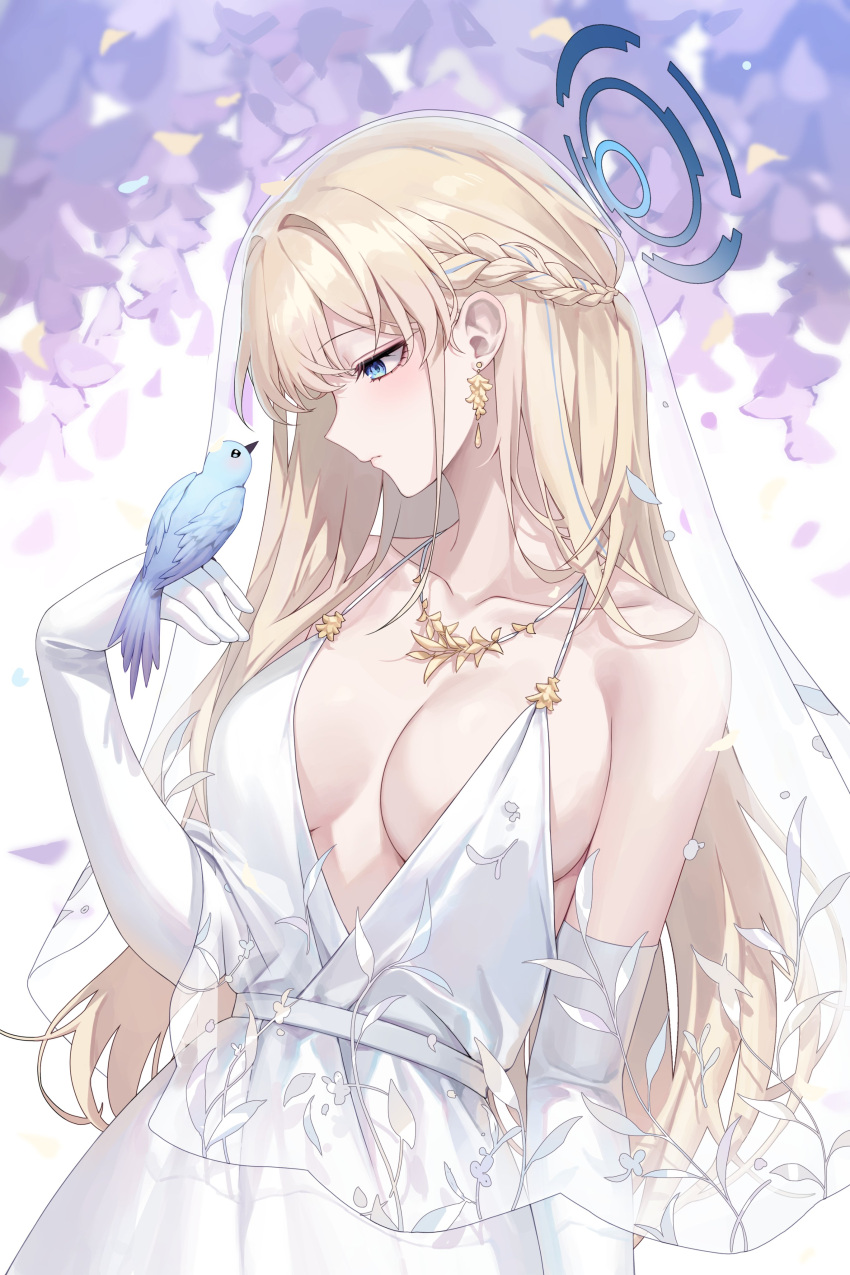 1girl absurdres bare_shoulders bird blonde_hair blue_archive blue_eyes braid breasts cleavage collarbone commentary_request cowboy_shot dress earrings expressionless flower french_braid from_side halo highres jewelry light_blush long_hair medium_breasts plunging_neckline raki_kr solo toki_(blue_archive) veil white_dress