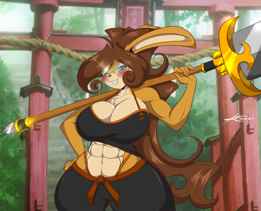 abs anthro athletic athletic_female big_breasts blush breasts brown_hair buckteeth cleavage clothed clothing eyewear female giant_sword glasses hair lagomorph leporid long_hair looking_at_viewer mammal mastergodai melee_weapon mountain_range rabbit shirt smile smiling_at_viewer solo sword tank_top teeth topwear weapon
