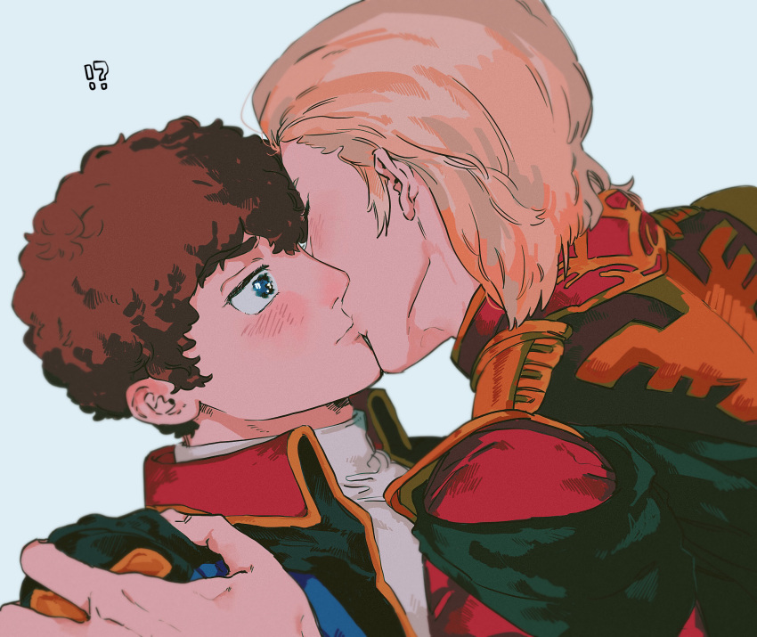 !? 0ml 2boys amuro_ray black_cape blonde_hair blue_eyes blush brown_hair cape char's_counterattack char_aznable closed_eyes closed_mouth curly_hair film_grain grey_background gundam hair_slicked_back hand_on_another's_shoulder highres jacket kiss looking_at_another male_focus military_uniform multiple_boys open_clothes open_jacket red_jacket shirt short_hair simple_background surprise_kiss surprised turtleneck uniform upper_body white_shirt wide-eyed yaoi