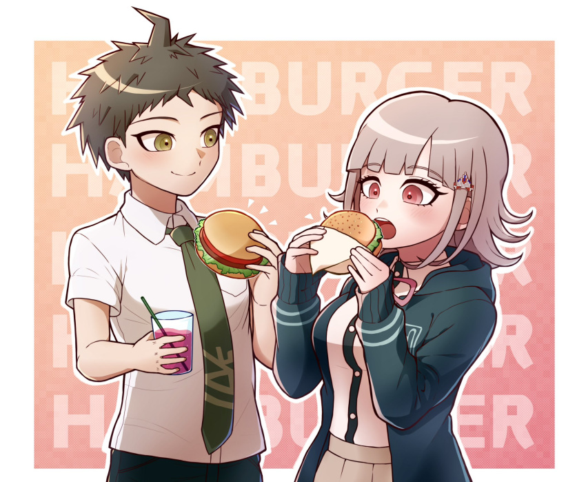 1boy 1girl ahoge breasts brown_hair burger closed_mouth collared_shirt cup danganronpa_(series) danganronpa_2:_goodbye_despair drinking_straw flipped_hair food galaga glass green_necktie hair_ornament highres hinata_hajime holding holding_cup holding_food hood jacket kirin_(suzoke_1) long_sleeves medium_hair nanami_chiaki neck_ribbon necktie open_mouth pants pink_eyes pink_ribbon print_necktie ribbon shirt short_hair skirt smile white_shirt