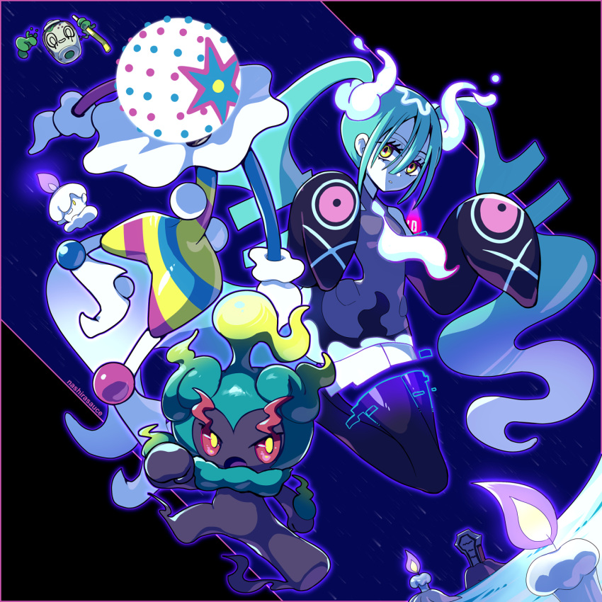 1girl aqua_hair blacephalon black_thighhighs detached_sleeves fire ghost ghost_miku_(project_voltage) greavard grey_shirt hatsune_miku highres houndstone litwick long_hair marshadow nashirasauce necktie pale_skin pokemon pokemon_(creature) poltchageist project_voltage shirt skirt sleeves_past_fingers sleeves_past_wrists thighhighs twintails very_long_hair vocaloid will-o'-the-wisp_(mythology) yellow_eyes
