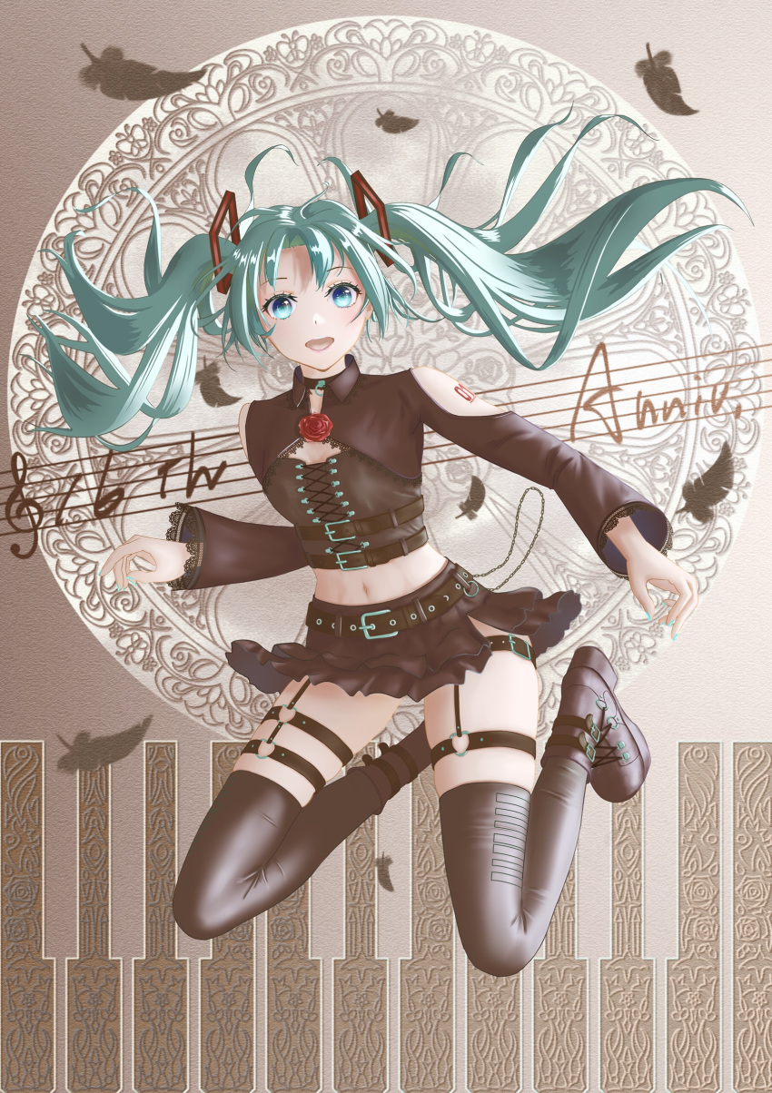 1girl abs absurdres ahoge alternate_costume aqua_eyes aqua_hair arm_tattoo belt bkni_11 black_belt black_shirt black_thighhighs boots choker commentary_request feathers flower hatsune_miku high_heel_boots high_heels highres lace-trimmed_sleeves lace-up_top lace_trim long_hair looking_at_another looking_at_viewer midriff miniskirt musical_note navel open_mouth red_flower red_rose rose shirt shrug_(clothing) skindentation skirt smile solo staff_(music) tattoo thigh_strap thighhighs thighs treble_clef twintails very_long_hair vocaloid wide_sleeves