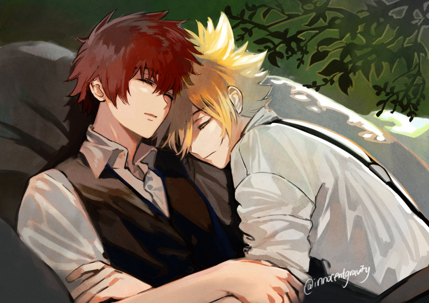 2boys black_vest blonde_hair branch cezaria choppy_bangs closed_eyes closed_mouth collared_shirt giotto_(reborn) green_background hair_between_eyes highres hug katekyo_hitman_reborn! male_focus multiple_boys open_collar parted_lips reclining red_hair shirt short_hair simon_cozzato sleeping sleeves_rolled_up spiked_hair suspenders twitter_username upper_body vest white_shirt yaoi