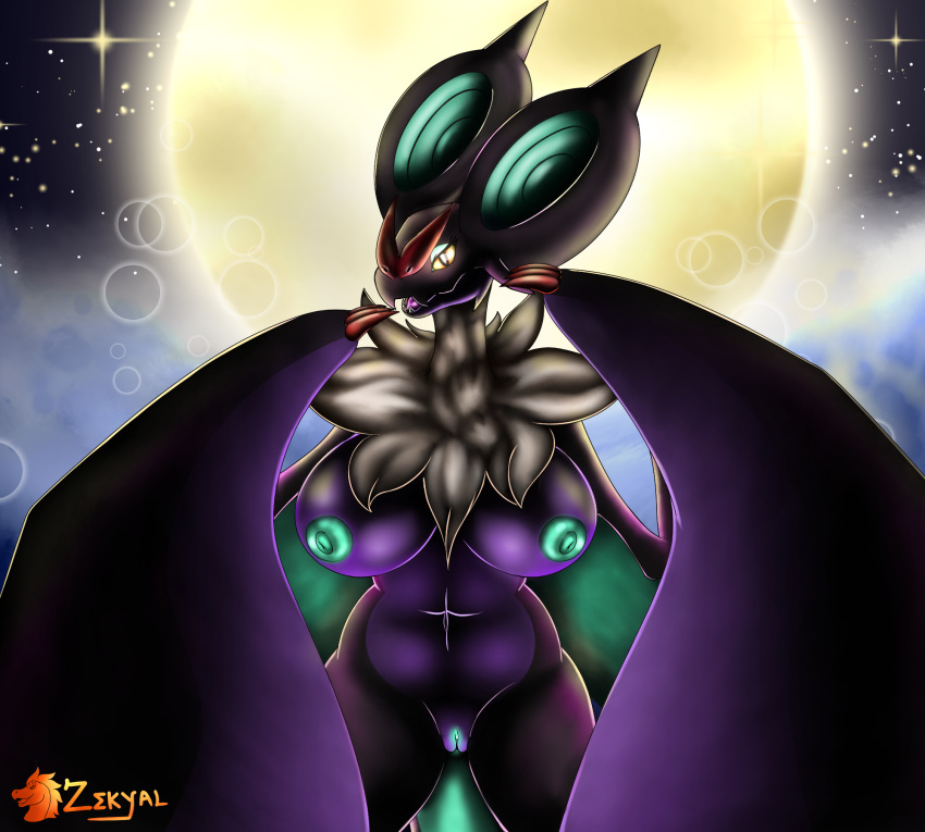 anthro bat big_breasts big_ears big_wings black_body blue_nipples breasts dragon female feral flattered full_moon generation_6_pokemon genitals hi_res looking_at_viewer mammal moon night nintendo nipples noivern pokemon pokemon_(species) purple_body pussy simple_background smile smiling_at_viewer solo spectrumgiratina wings yellow_eyes