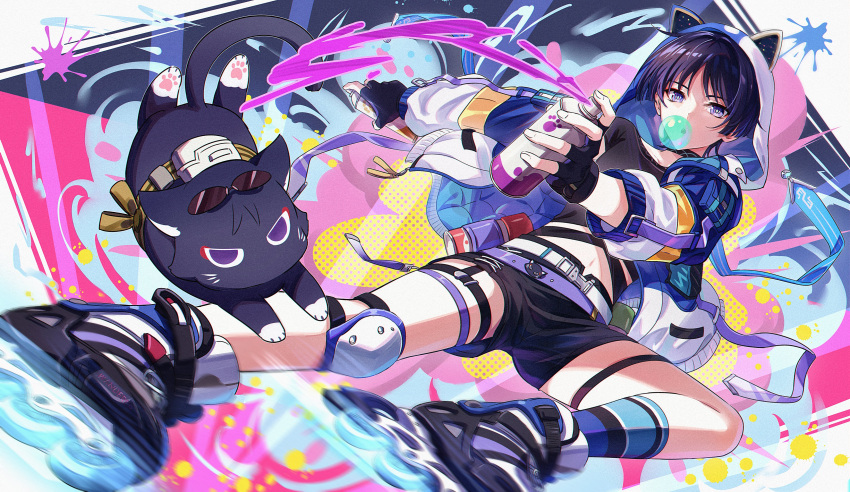 1boy absurdres animal_ears animal_hood black_cat black_gloves black_shirt black_shorts blue_jacket bubble_blowing cat chewing_gum cosplay crop_top crossover dual_persona fake_animal_ears fcc_(fengcheche) fingerless_gloves genshin_impact gloves highres honkai:_star_rail honkai_(series) hood hood_up jacket male_focus mihoyo multicolored_clothes multicolored_jacket purple_eyes purple_hair red_eyeliner scaramouche_(cat)_(genshin_impact) scaramouche_(genshin_impact) shirt shorts silver_wolf_(honkai:_star_rail) silver_wolf_(honkai:_star_rail)_(cosplay) solo thigh_strap white_jacket