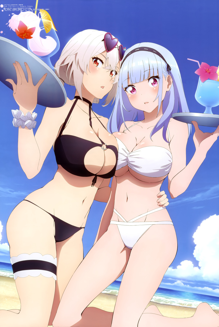 2girls absurdres azur_lane beach bikini black_bikini blue_sky breast_press breasts breasts_squeezed_together cleavage cleavage_cutout clothing_cutout dido_(azur_lane) eyewear_on_head heart heart-shaped_eyewear highres kneeling large_breasts looking_at_viewer magazine_scan megami_magazine midriff multi-strapped_bikini_bottom multiple_girls navel ocean official_art outdoors red_eyes sand scan scrunchie sirius_(azur_lane) sirius_(scorching-hot_seirios)_(azur_lane) sky sunglasses swimsuit thigh_strap thighs underboob water white_bikini white_hair wrist_scrunchie