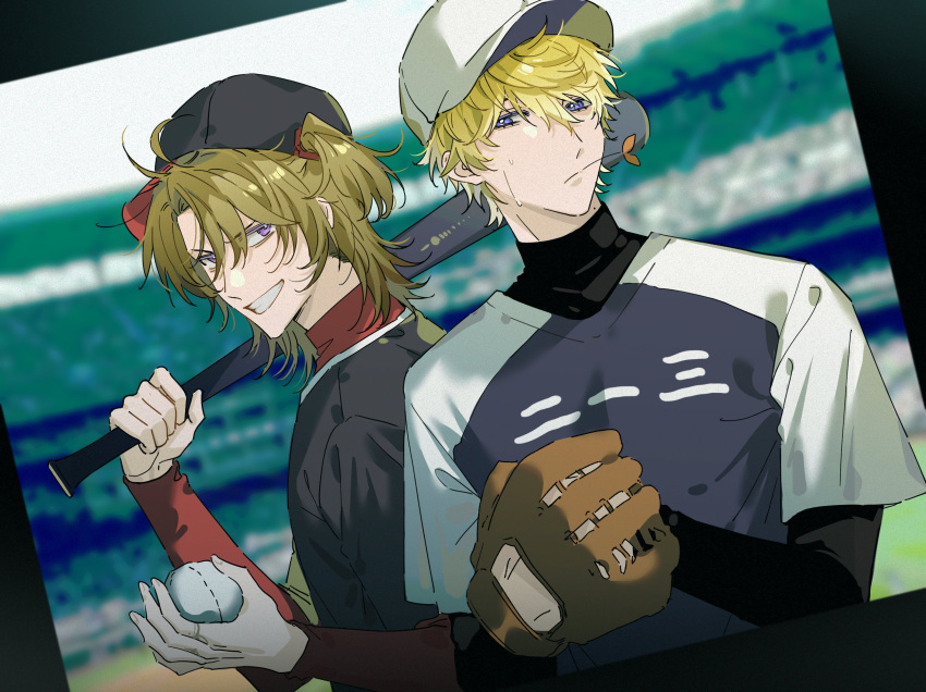 2boys absurdres ball baseball baseball_bat baseball_cap baseball_mitt baseball_stadium baseball_uniform black_headwear black_shirt blonde_hair blue_shirt blurry blurry_background closed_mouth commentary_request english_commentary grin hair_between_eyes hands_up hat highres holding holding_ball holding_baseball_bat keita_kg85 layered_sleeves long_sleeves looking_at_viewer luca_kaneshiro male_focus medium_hair mixed-language_commentary mole mole_on_neck mouth_hold multiple_boys nijisanji nijisanji_en parted_bangs purple_eyes red_shirt shirt short_over_long_sleeves short_sidetail short_sleeves sidelocks sideways_hat smile sonny_brisko sportswear stadium stalk_in_mouth sweat teeth turtleneck undershirt upper_body v-shaped_eyebrows virtual_youtuber white_headwear