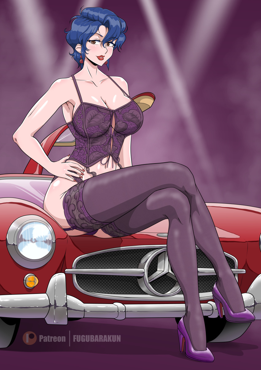 1girl absurdres artist_name blue_hair blush breasts brown_eyes bubblegum_crisis car cleavage convertible corset crossed_legs earrings fugubarakun hand_on_own_hip high_heels highres jewelry large_breasts lips lipstick looking_at_viewer makeup mercedes-benz motor_vehicle nail_polish on_vehicle panties patreon_logo pink_nails purple_background purple_corset purple_footwear purple_garter_belt purple_garter_straps purple_panties purple_thighhighs red_lips short_hair simple_background sitting solo sylia_stingray thighhighs underwear