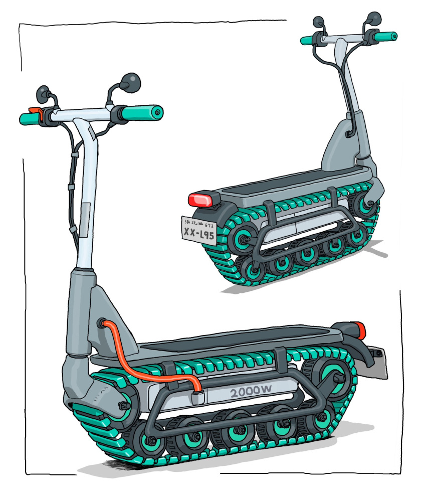 caterpillar_tracks gatling_santouhei handlebar headlight highres license_plate motorized_scooter multiple_views no_humans original shadow side_mirror vehicle_focus wheel white_background wire