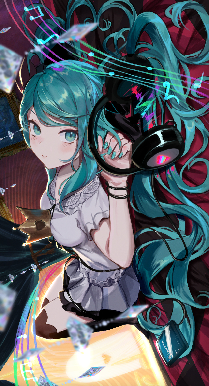 1girl absurdres adamosina beamed_eighth_notes blurry blurry_foreground breasts brown_thighhighs cellphone closed_mouth collared_shirt commentary crown depth_of_field dutch_angle eighth_note english_commentary green_eyes green_hair green_nails grey_skirt hatsune_miku headphones headphones_removed highres knees_up long_hair looking_at_viewer lying medium_breasts mini_crown musical_note nail_polish on_back over-kneehighs phone pleated_skirt quarter_note shirt short_sleeves skirt smile solo song_name thighhighs very_long_hair vocaloid white_shirt world_is_mine_(vocaloid)