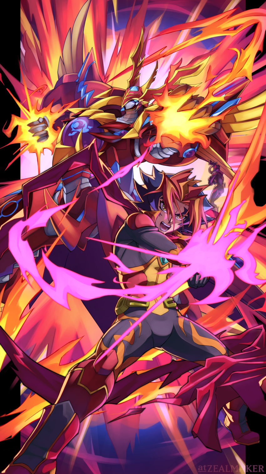 1boy absurdres artist_name blue_eyes blue_hair boots commentary_request duel_monster fiery_wings fire flame_(yu-gi-oh!_vrains) flaming_hand highres homura_takeru open_mouth orange_hair red_footwear red_scarf salamangreat_raging_phoenix scarf soulburner wings yellow_eyes yu-gi-oh! yu-gi-oh!_vrains zealmaker