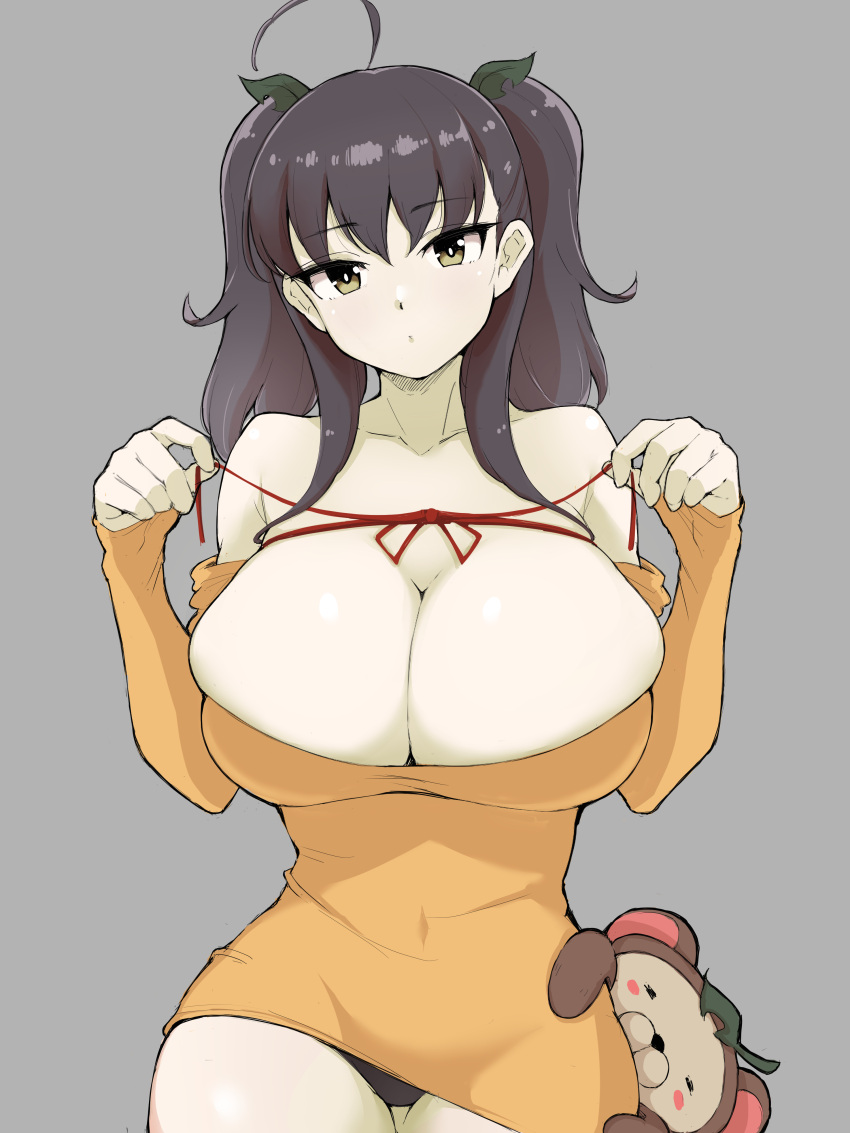 1girl absurdres ahoge animal animal_ears bare_shoulders black_panties breasts brown_eyes brown_hair cleavage collarbone covered_navel dress grey_background hair_ornament highres huge_breasts ikigai leaf leaf_hair_ornament leaf_on_head looking_at_viewer misato_(senran_kagura) orange_dress panties pantyshot raccoon raccoon_ears red_ribbon ribbon senran_kagura senran_kagura_new_wave simple_background solo tanuki twintails underwear