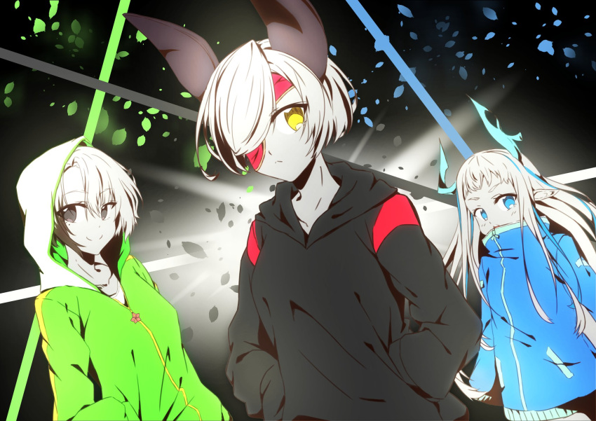 3girls :&lt; azamaru_(tenka_hyakken) backlighting black_background black_hoodie blue_eyes blue_hoodie collarbone commentary_request dragon_horns eyepatch green_hoodie grey_eyes hakuyan8989 hands_in_pockets highres hood hood_up hoodie horns long_hair mole mole_under_eye multiple_girls nami'oyogi_kanemitsu open_mouth parted_bangs pointy_ears short_hair smile tenka_hyakken uguisumaru_tomonari upper_body yellow_eyes