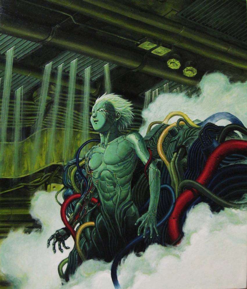 1boy absurdres akira aqua_skin cable cyberpunk cyborg damaged dirty english_commentary hector_trunnec highres hose industrial_pipe machinery monster pipeline scan science_fiction shima_tetsuo spoilers toned traditional_media tube white_hair