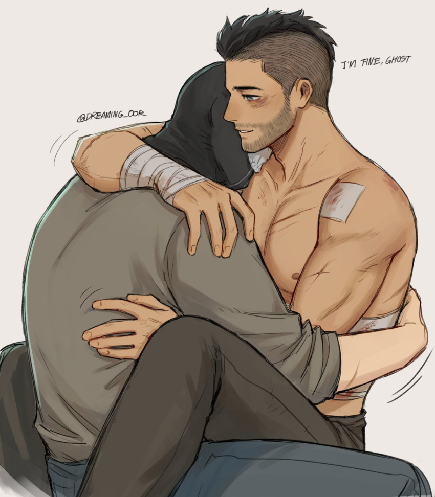 2boys bandaged_arm bandages bandaid bandaid_on_arm bara black_hair black_pants blue_pants blush call_of_duty call_of_duty:_modern_warfare_2 couple dreaming_oor english_text facial_hair ghost_(modern_warfare_2) grey_shirt highres hug looking_at_another male_focus mask multiple_boys muscular muscular_male pants pectorals shirt short_hair sidecut sitting sitting_on_person skull_mask smile soap_(modern_warfare_2) topless_male yaoi