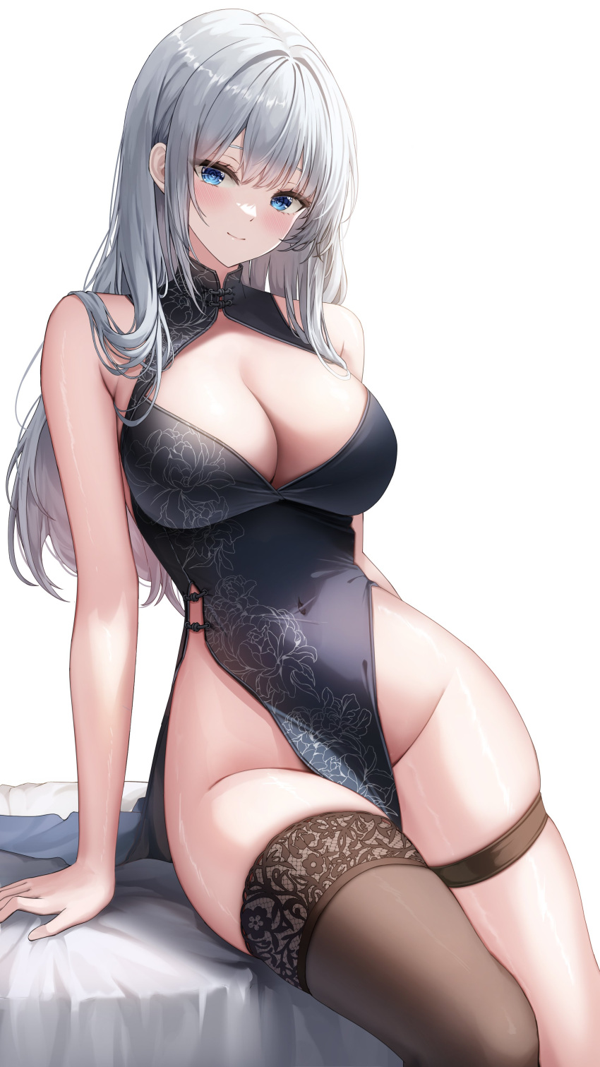 1girl absurdres bare_arms bare_shoulders black_dress black_thighhighs blue_eyes blush breasts cleavage dress floral_print grey_hair highres large_breasts long_hair looking_at_viewer original simple_background single_thighhigh sleeveless sleeveless_dress smile thigh_strap thighhighs thighs torrentduck white_background