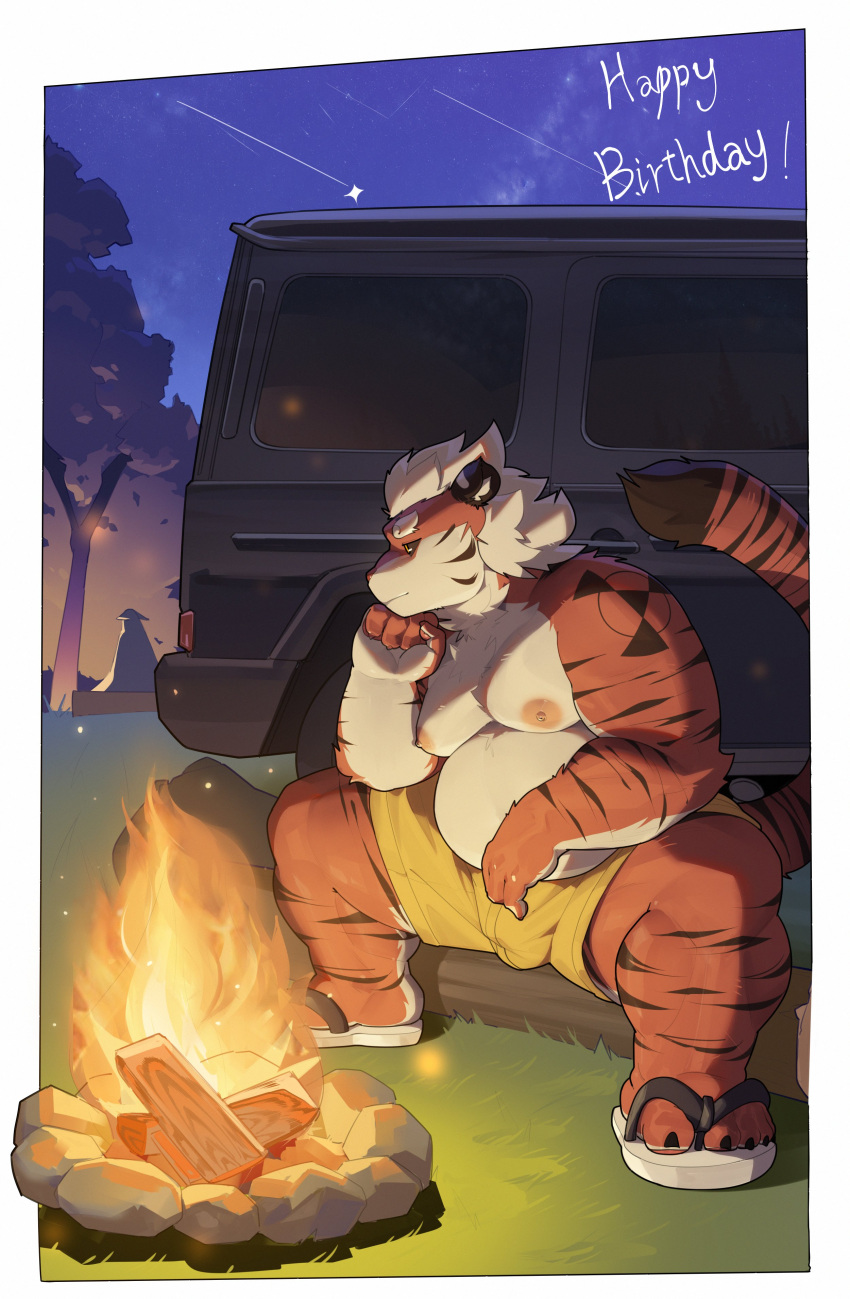 2023 absurd_res anthro bulge car clothing detailed_background felid fire footwear hi_res kemono male mammal night orange_body outside overweight overweight_male pantherine piero03432812 sandals sitting solo tattoo tiger vehicle
