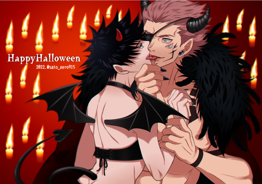 2022 2boys arm_tattoo black_hair black_nails candle dated demon_boy demon_horns demon_tail demon_wings extra_eyes eye_contact facial_tattoo feathers french_kiss fushiguro_megumi grabbing_another's_chin green_eyes halloween hand_on_another's_chin happy_halloween height_difference highres holding_another's_wrist horns jujutsu_kaisen kiss looking_at_another male_focus multiple_boys muscular muscular_male nipples pectorals ryoumen_sukuna_(jujutsu_kaisen) sato_zero915 shoulder_tattoo size_difference tail tattoo tongue tongue_out tongue_tattoo wings yaoi