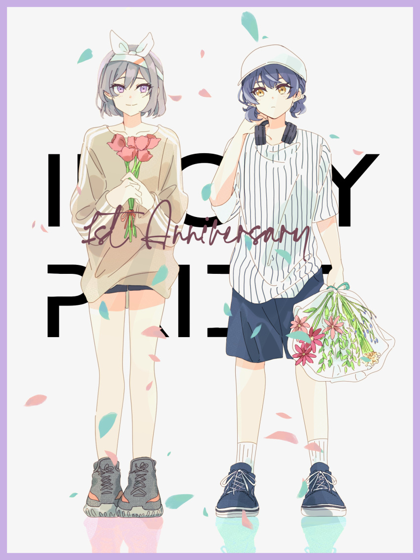 2girls blue_footwear blue_hair blue_shorts bob_cut border bouquet bow brown_shirt closed_mouth collarbone copyright_name falling_petals flower full_body grey_footwear grey_hair hair_between_eyes hair_bow headphones headphones_around_neck highres holding holding_bouquet idoly_pride igawa_aoi kanzaki_rio legs_apart long_sleeves looking_at_another multiple_girls own_hands_together petals pinstripe_pattern pinstripe_shirt purple_border purple_eyes red_flower red_tulip shirt shoes short_shorts shorts side-by-side sideways_glance simple_background smile sneakers socks striped striped_shirt thighs tulip watameki_(pixiv_33969409) white_background white_bow white_shirt white_socks yellow_eyes