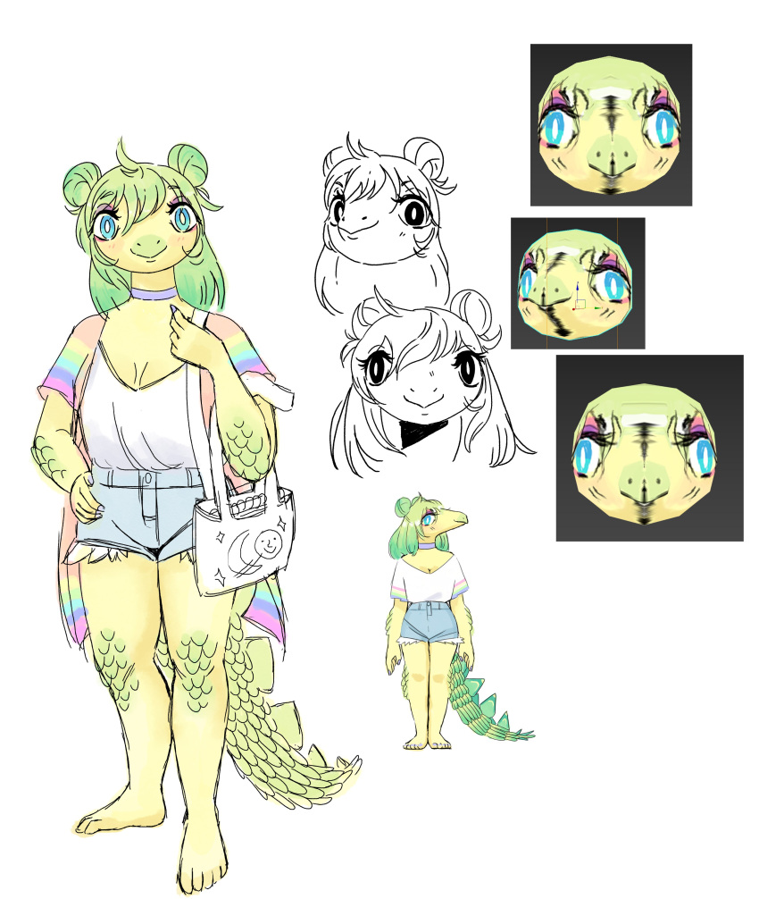 absurd_res anthro barefoot bottomwear breasts cleavage clothed clothing colored cutoffs denim denim_clothing dinosaur feet female goodbye_volcano_high hair hair_bun hi_res humanoid_feet ko_op lucie_viatge ornithischian plantigrade reptile scalie shorts simple_background sketch snoot_game solo stegosaurian stegosaurus stella_(snoot_game) thyreophoran