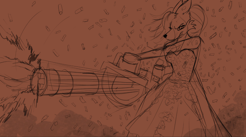 angry anthro bubblegum_fasani canid canine clothing dress female fur gun hair hair_bun hair_over_eye mammal one_eye_obstructed ranged_weapon shell_(projectile) shooting solo space_station_13 unknown_artist weapon wedding_dress