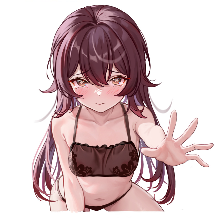 1girl blush bra breasts brown_bra brown_hair brown_panties collarbone flower flower-shaped_pupils genshin_impact highres hu_tao_(genshin_impact) long_hair looking_at_viewer medium_breasts navel panties plum_blossoms solo symbol-shaped_pupils tearing_up ttkaki underwear underwear_only white_background