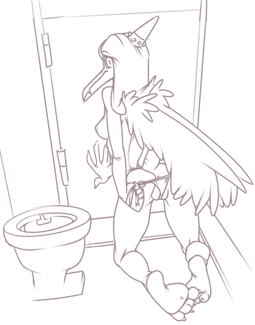 anthro bathroom breasts butt camel_toe clothed clothing dinosaur fang_(gvh) feathered_wings feathers female genitals goodbye_volcano_high hair hi_res long_hair long_snout looking_at_viewer looking_back monochrome panties pterodactylus pterosaur public_restroom pussy rear_view reptile restroom_stall scalie sketch small_breasts snoot_game_(fan_game) snout solo toilet topless underwear undressing unknown_artist wings